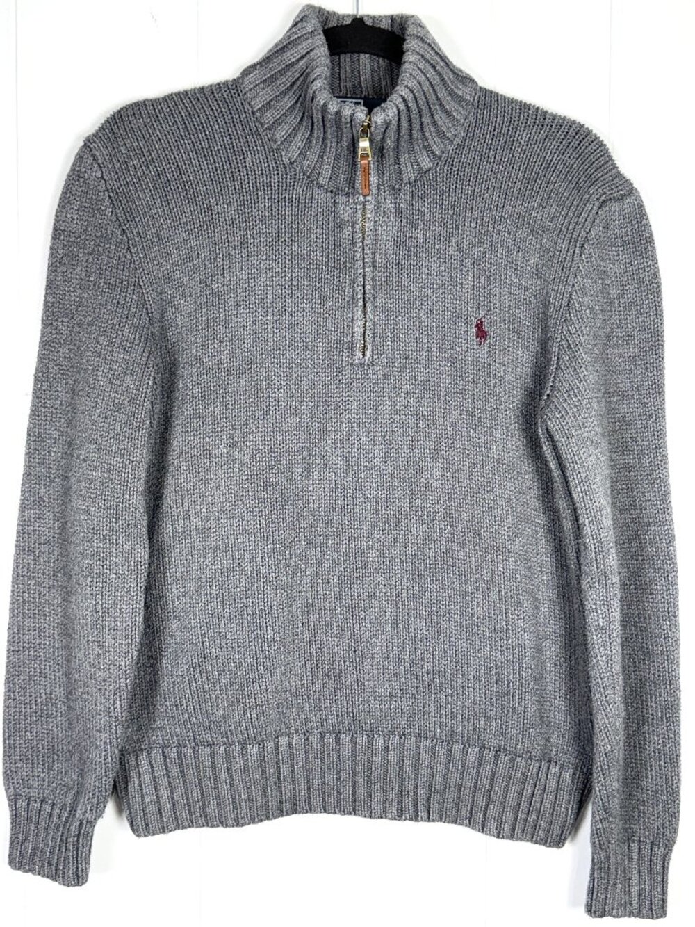 VTG Polo Ralph Lauren Gray 1/4 Zip Mock Neck Pullover Sweater Burgundy Pony M
